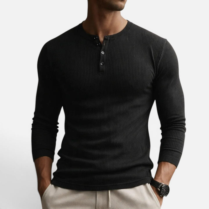 Men's ribbed long sleeve shirt with crew neckline and button placket