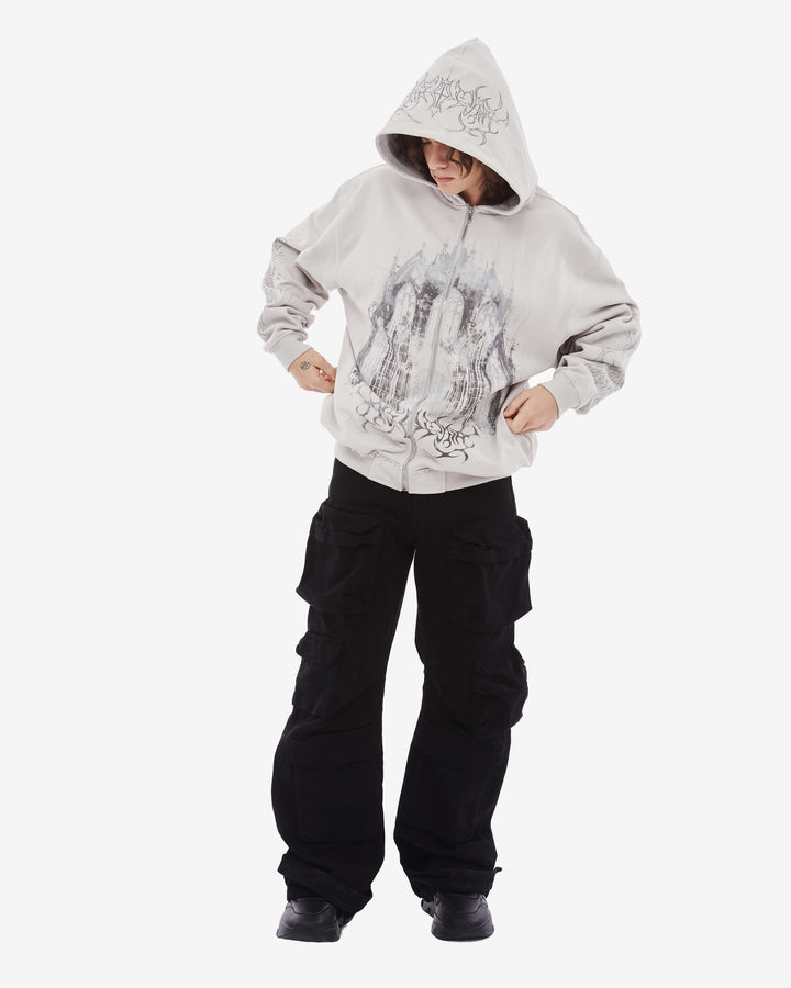 Light coloured zip up hoodie with cathedral graphic print and hood