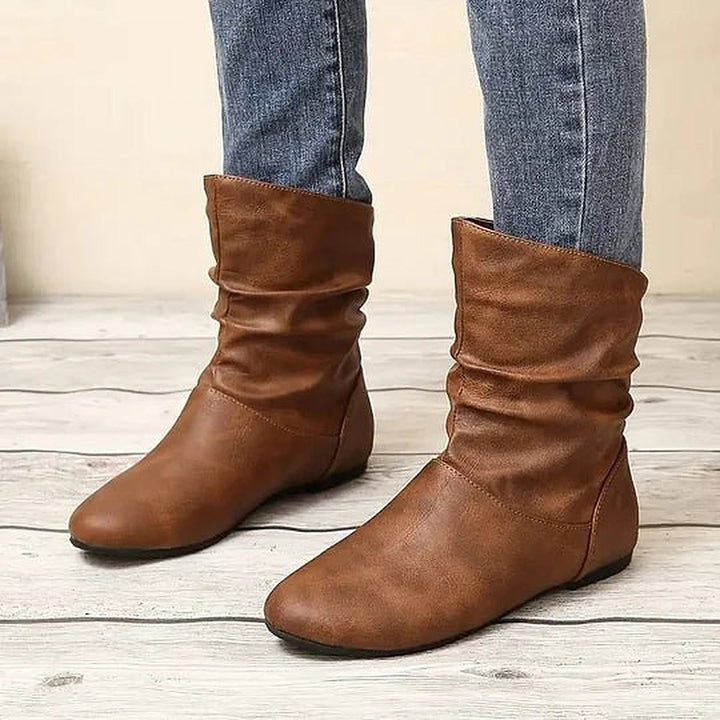 Women's slouch mid-calf boots with rounded toes and low wedge heels