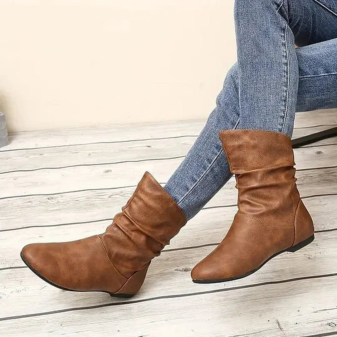 Women's slouch mid-calf boots with rounded toes and low wedge heels