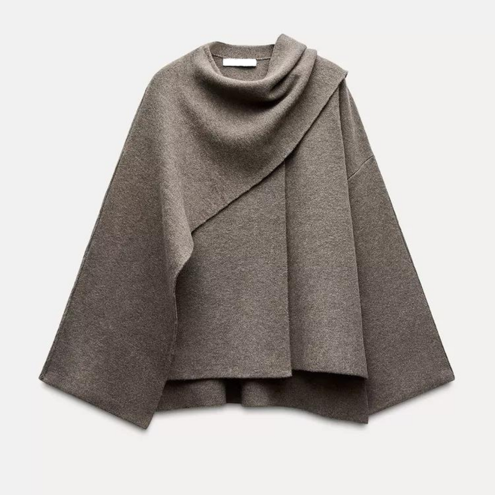 Women's asymmetric draped poncho with cowl neckline