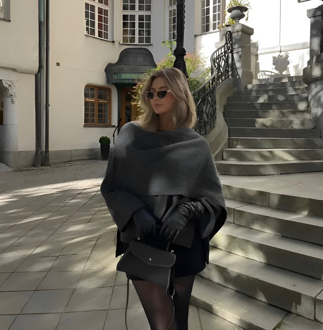 Women's asymmetric draped poncho with cowl neckline
