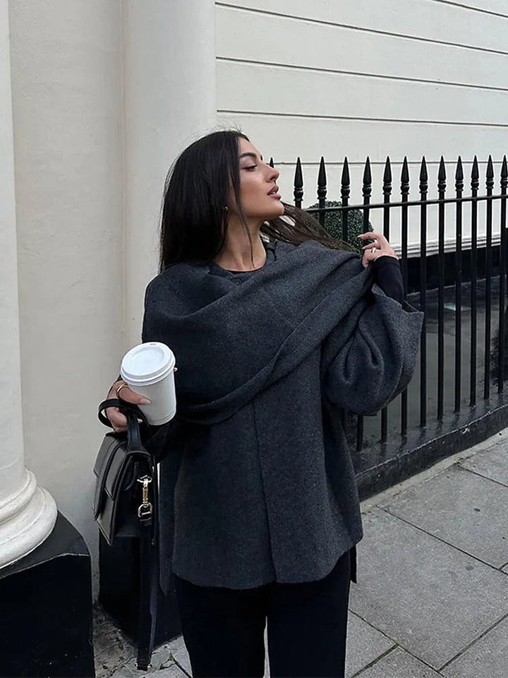 Women's asymmetric draped poncho with cowl neckline