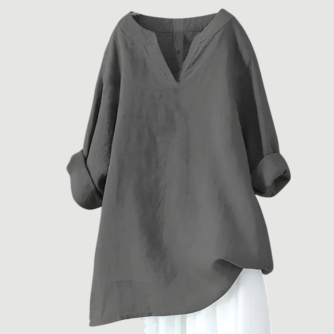 Women's linen blend split neck long sleeve tunic shirt