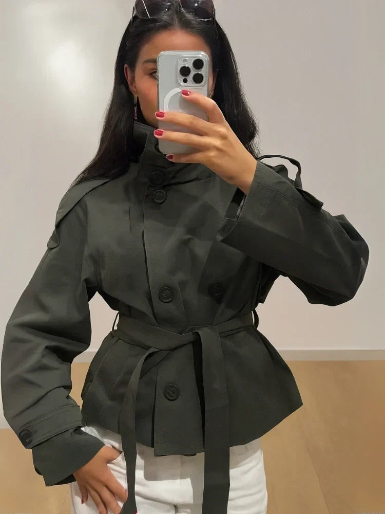 Women's beige cropped trench coat with high collar and tie belt