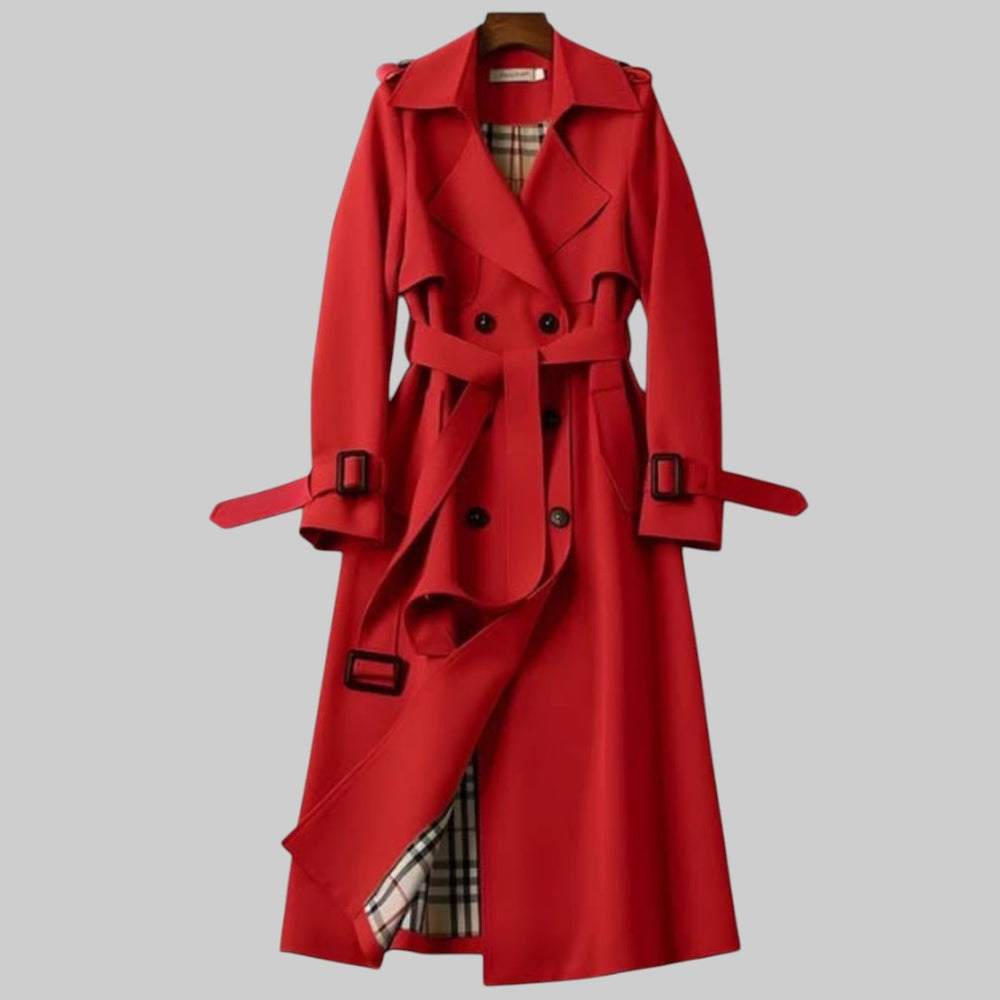 Women's long belted double-breasted trench coat with lapel collar and buckle cuffs