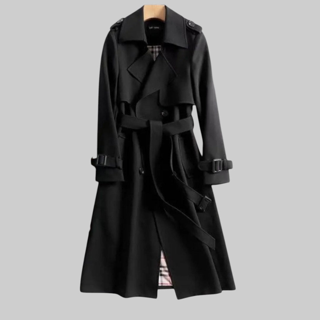 Women's long belted double-breasted trench coat with lapel collar and buckle cuffs