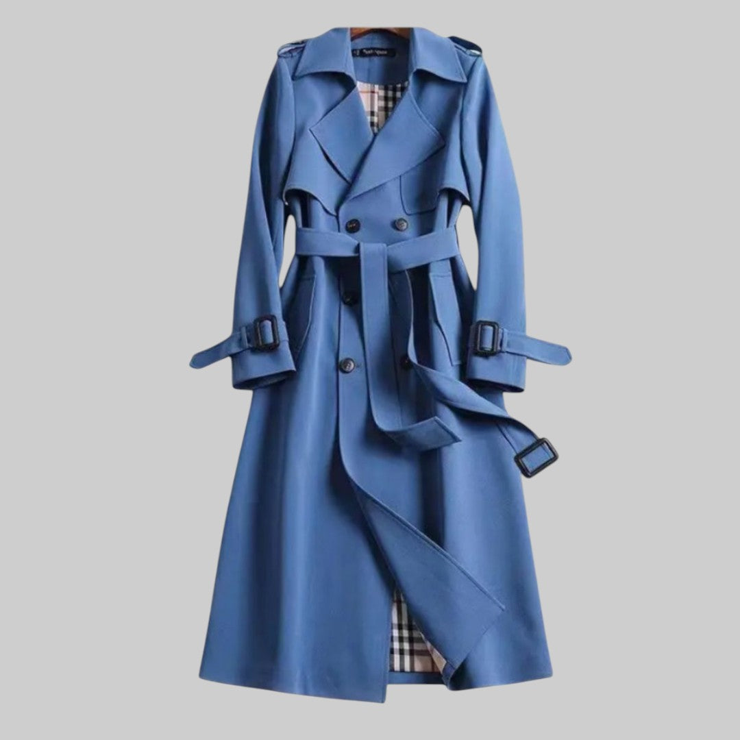 Women's long belted double-breasted trench coat with lapel collar and buckle cuffs