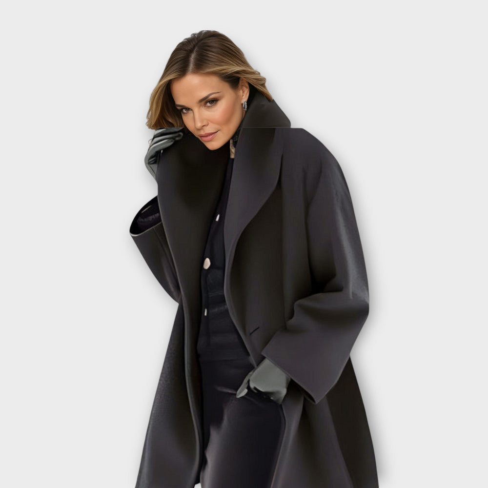Women's long coat with high collar and button front