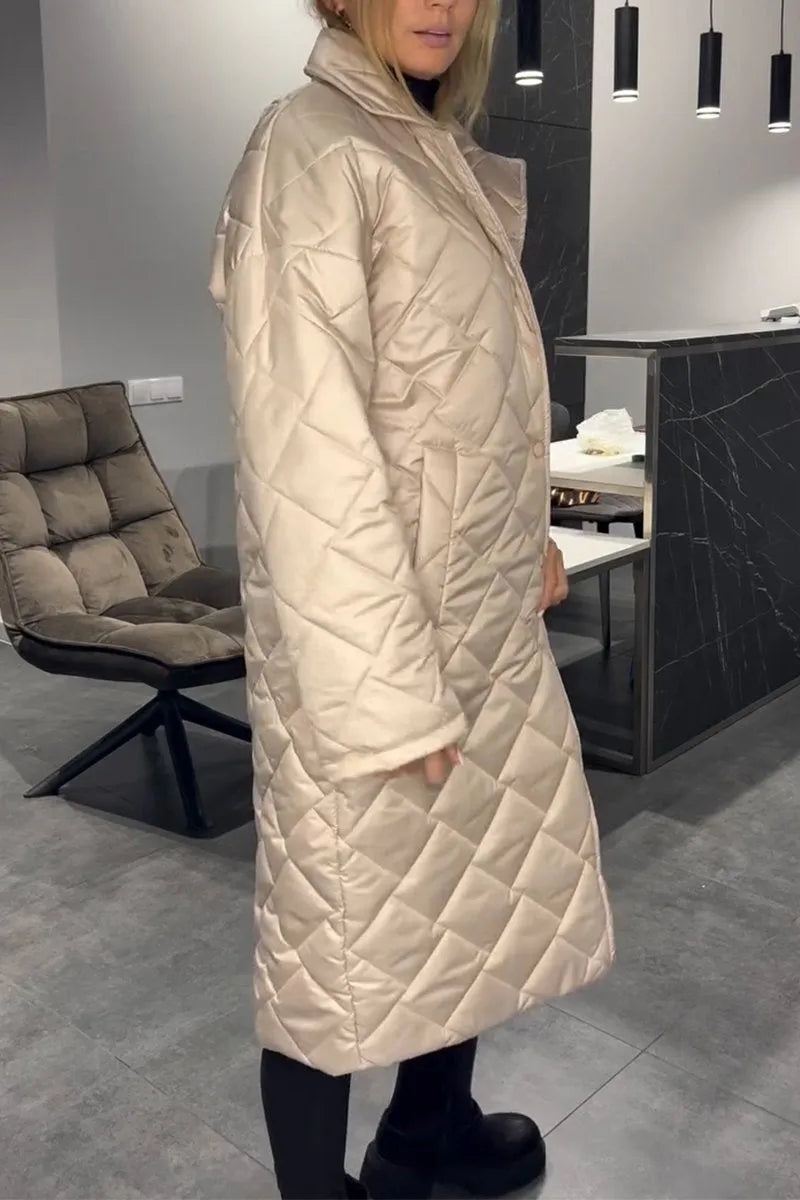 Women's longline quilted coat with diamond stitching and lapel collar
