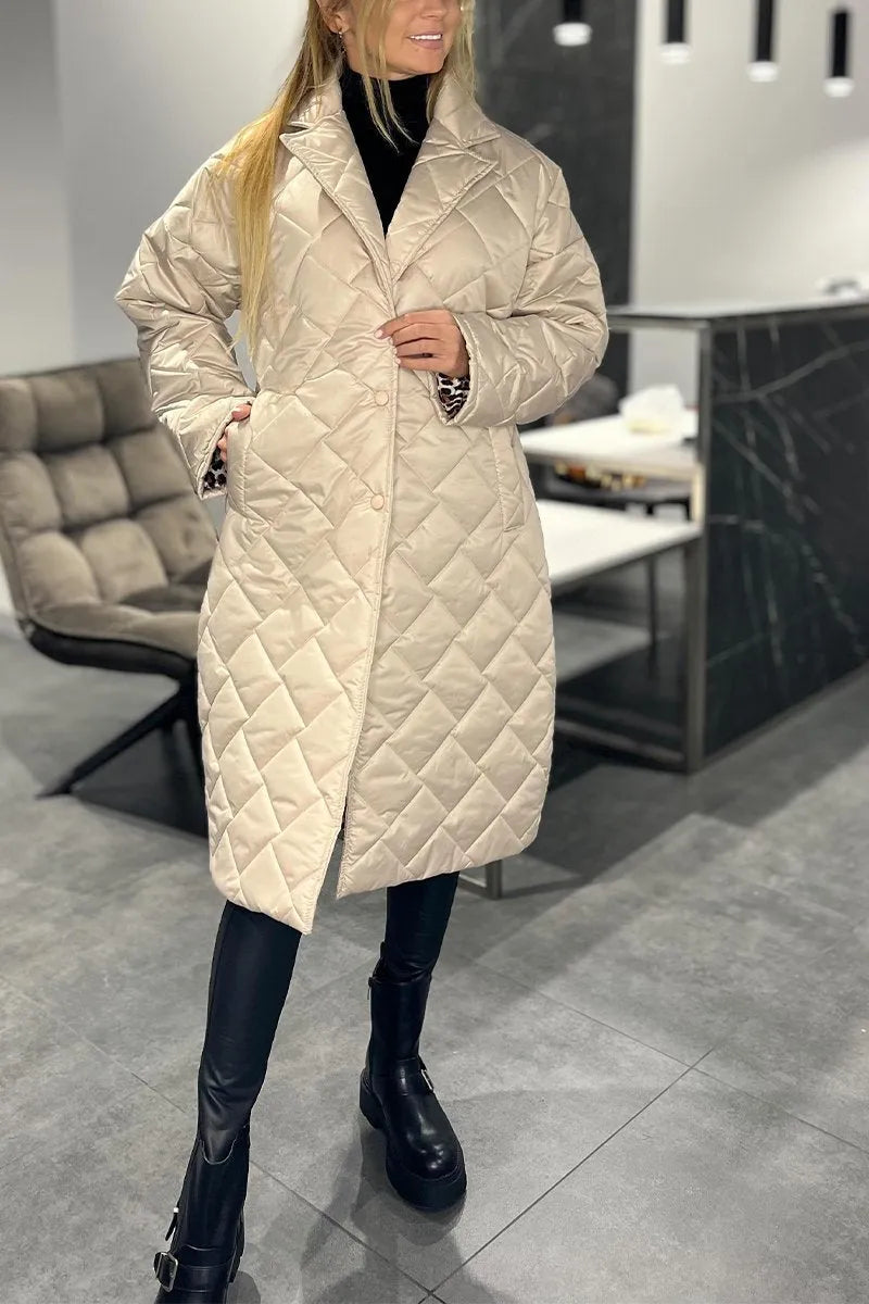 Women's longline quilted coat with diamond stitching and lapel collar