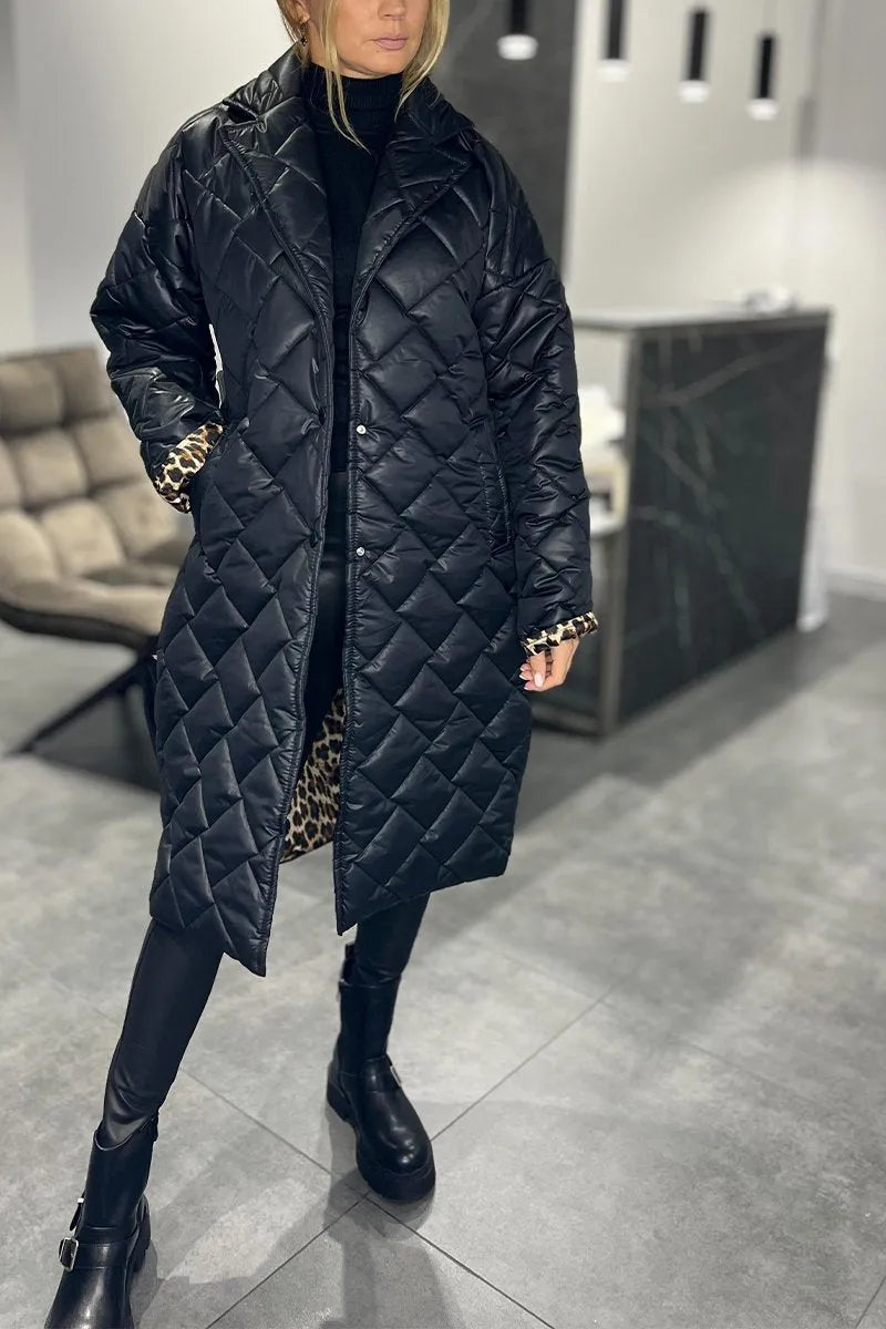Women's longline quilted coat with diamond stitching and lapel collar