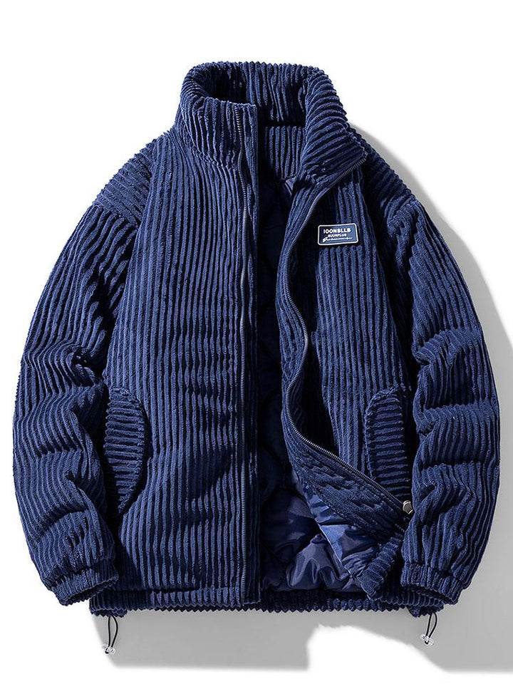 Ribbed puffer jacket with high collar and zip front