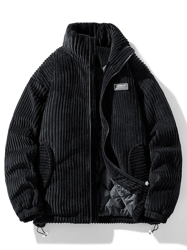Ribbed puffer jacket with high collar and zip front