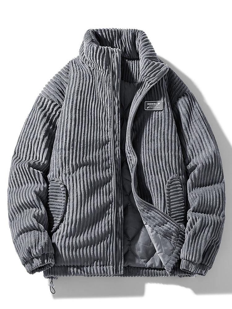 Ribbed puffer jacket with high collar and zip front