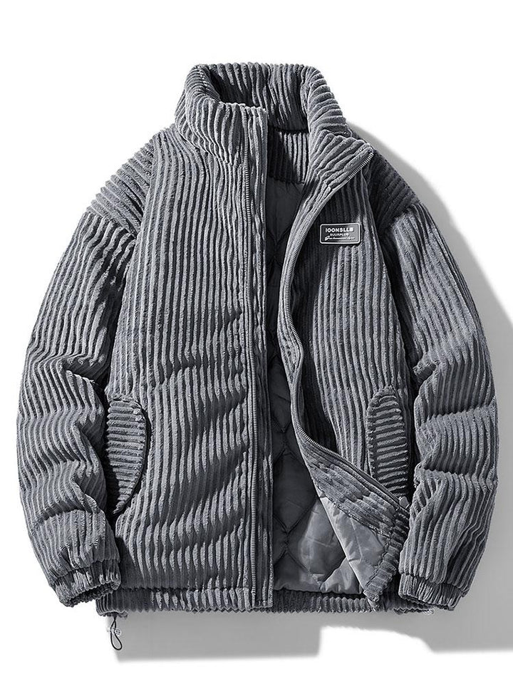 Ribbed puffer jacket with high collar and zip front