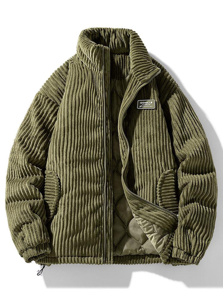 Ribbed puffer jacket with high collar and zip front