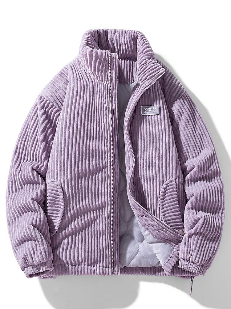 Ribbed puffer jacket with high collar and zip front