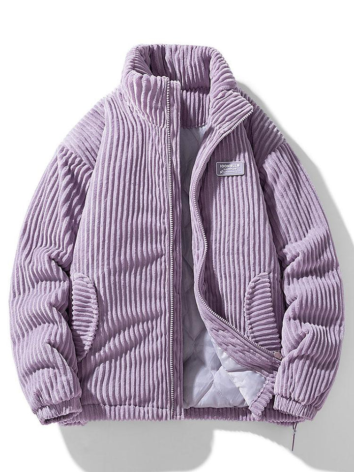 Ribbed puffer jacket with high collar and zip front