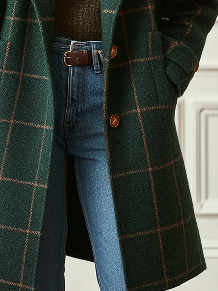 Women's green checked long coat with notched lapels and button fastening
