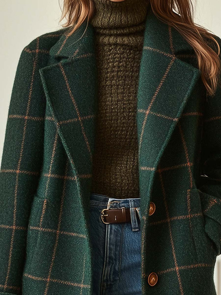 Women's Classic Plaid Wool Coat in Dark Green - View 2 | Bellmere