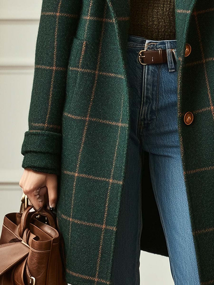 Women's Classic Plaid Wool Coat in Dark Green - View 3 | Bellmere