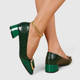 Women's embossed pointed-toe loafers with block heels and gold-tone ornament
