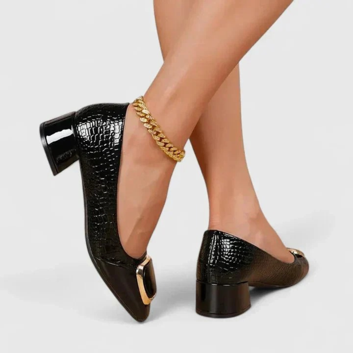 Women's embossed pointed-toe loafers with block heels and gold-tone ornament