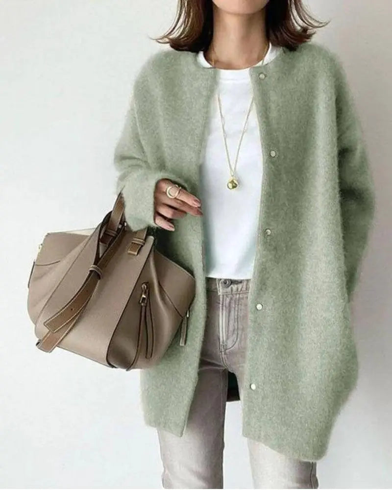 Women's longline button-front cardigan shown in beige and green