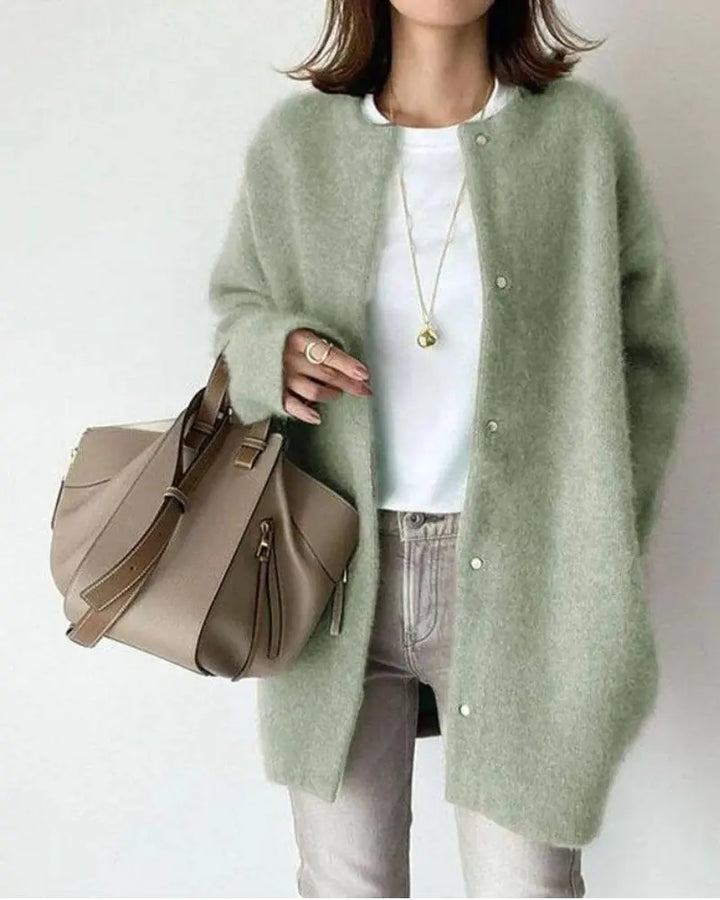 Women's longline button-front cardigan shown in beige and green
