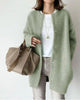 Women's longline button-front cardigan shown in beige and green