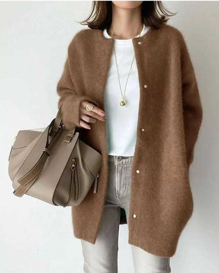 Women's longline button-front cardigan shown in beige and green