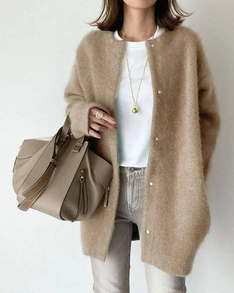 Women's longline button-front cardigan shown in beige and green