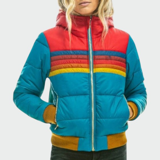 Women's striped hooded quilted puffer jacket with zip pockets