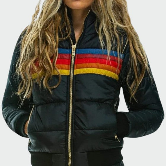 Women's striped hooded quilted puffer jacket with zip pockets