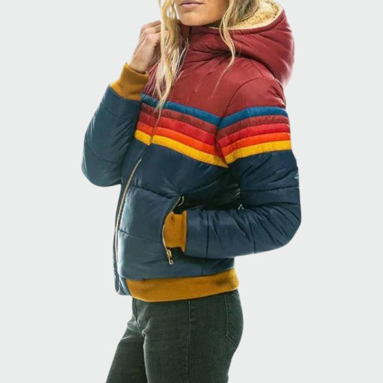 Women's striped hooded quilted puffer jacket with zip pockets