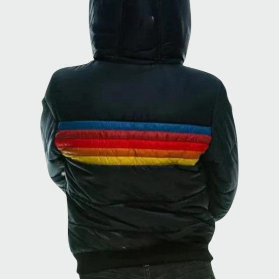 Women's striped hooded quilted puffer jacket with zip pockets