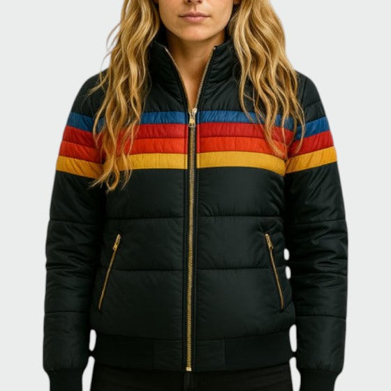 Women's striped hooded quilted puffer jacket with zip pockets