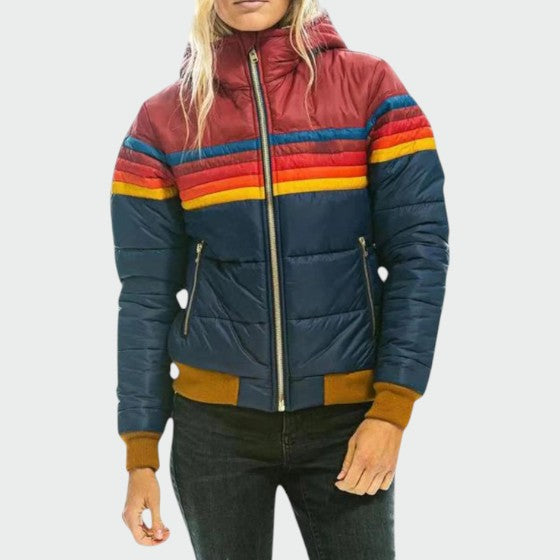 Women's striped hooded quilted puffer jacket with zip pockets