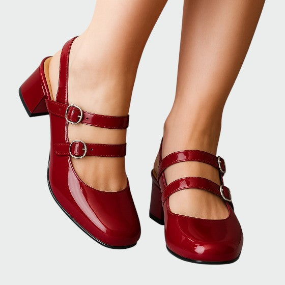Frida | Women's Double Strap Mary Jane Heels - Patent Block Heel