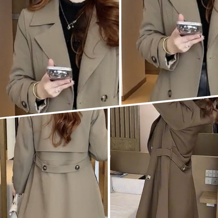 Women's long double-breasted coat with notched lapels