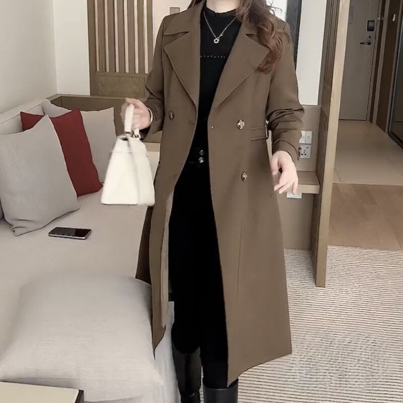 Women's long double-breasted coat with notched lapels