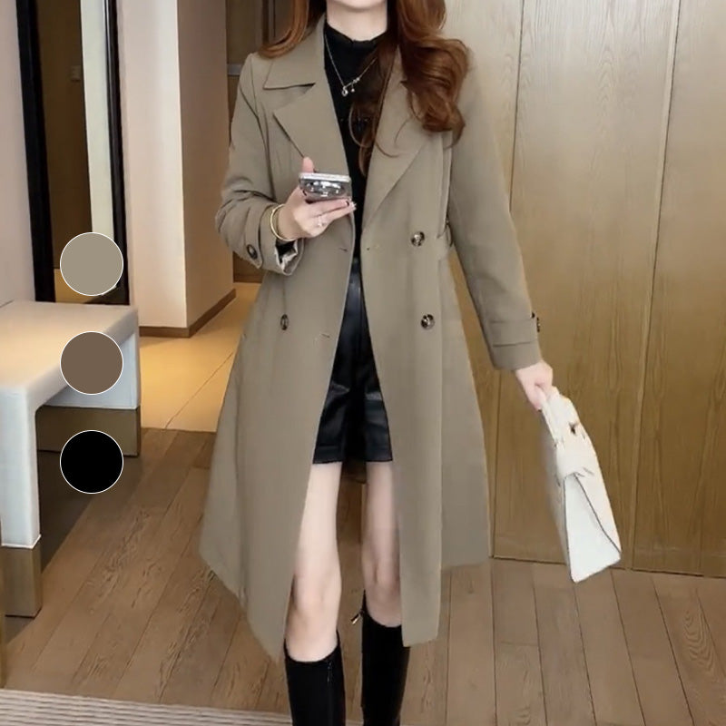 Women's long double-breasted coat with notched lapels