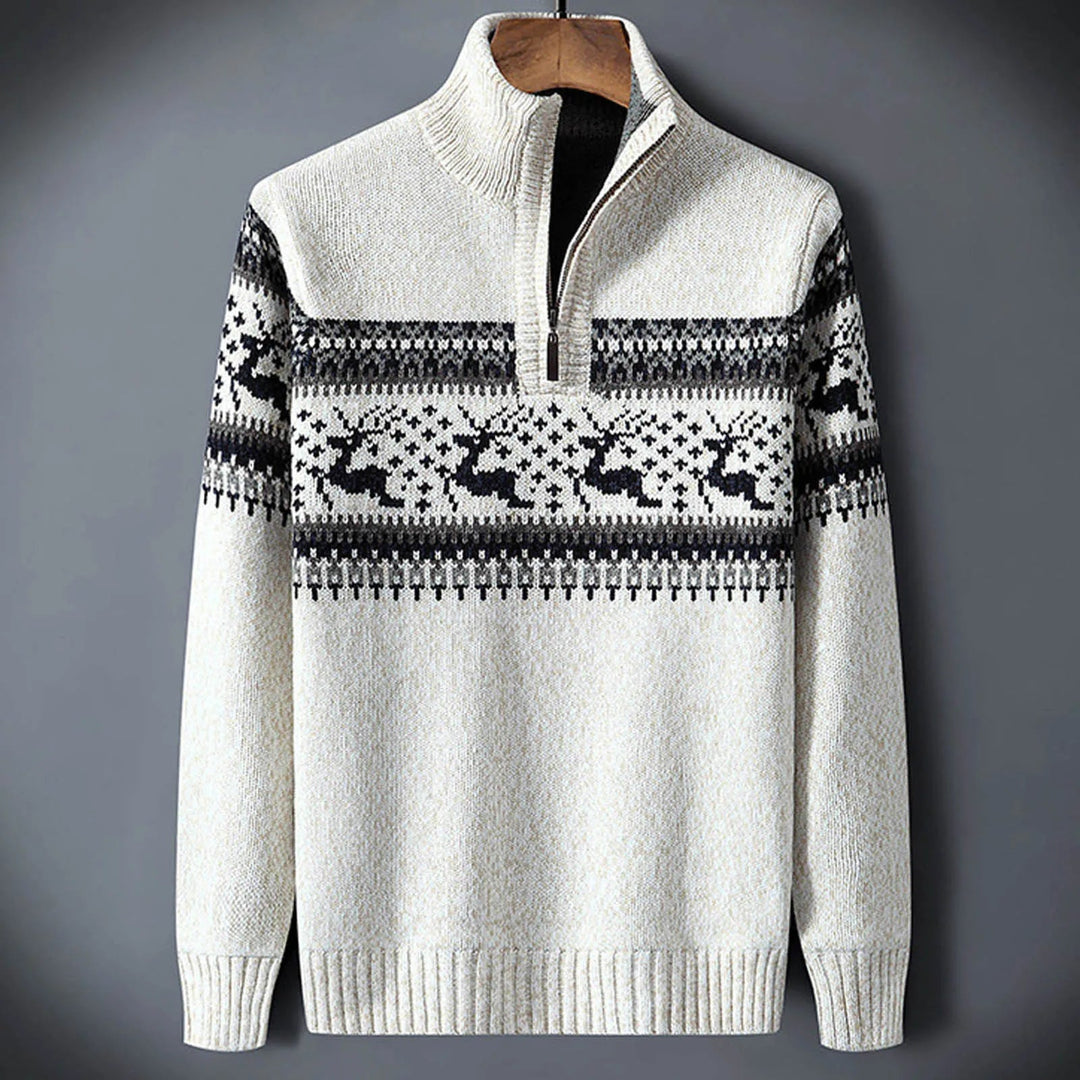 Men's Fair Isle half-zip sweater with reindeer pattern and ribbed trims