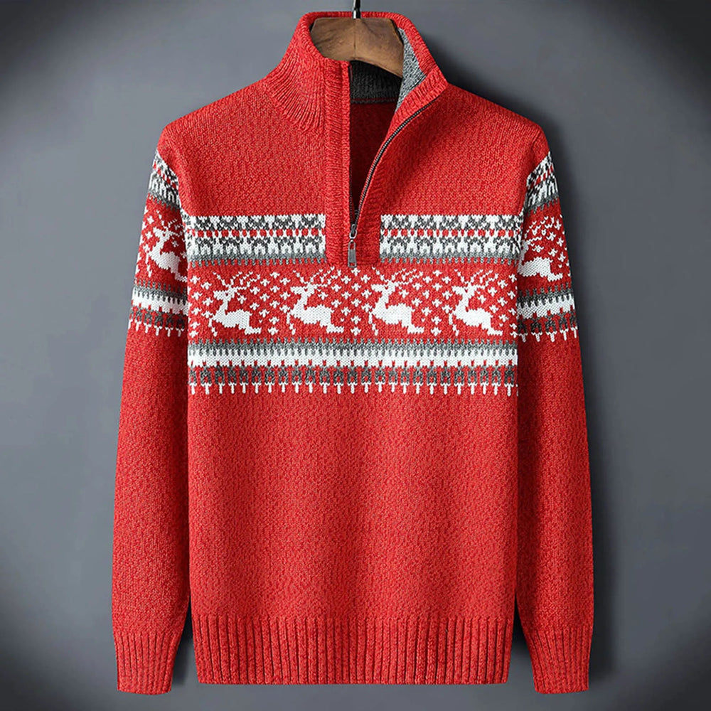 Men's Fair Isle half-zip sweater with reindeer pattern and ribbed trims