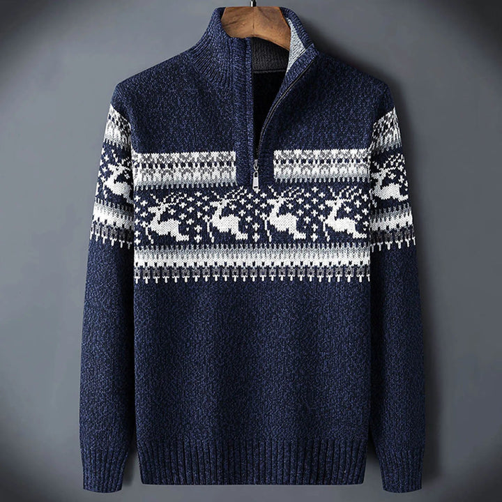 Men's Fair Isle half-zip sweater with reindeer pattern and ribbed trims
