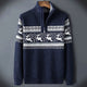 Men's Fair Isle half-zip sweater with reindeer pattern and ribbed trims