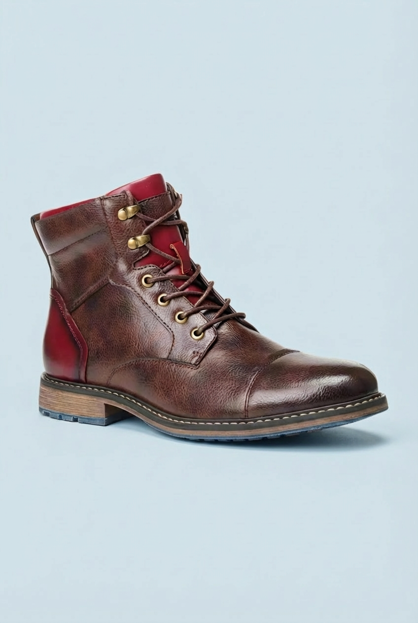 Men's brown lace-up ankle boots with side zippers and low heels