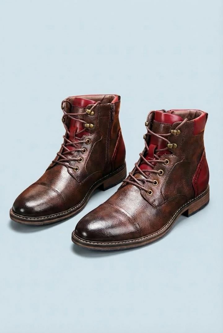Men's brown lace-up ankle boots with side zippers and low heels