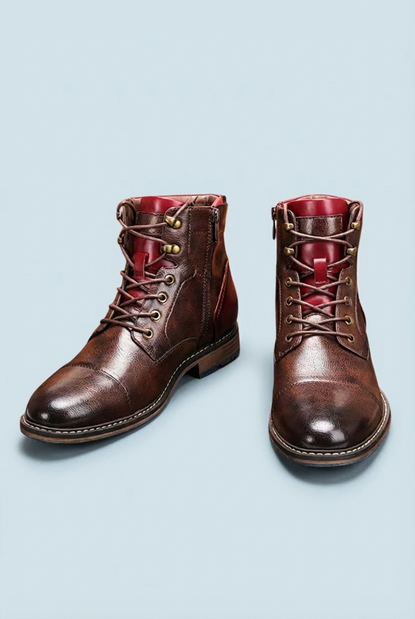 Men's brown lace-up ankle boots with side zippers and low heels
